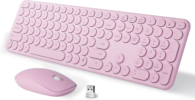 MPTOG Wireless Keyboard and Mouse Combo (Pink) | Retro Round Typewriter Keys, 2.4G Silent Connection, Ergonomic Aesthetic Desk Set for Home Office, Laptop, PC, Mac