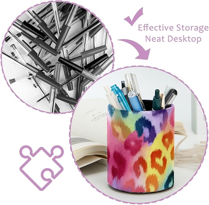 Leather Pen Holder for Desk, Colorful Leopard Print Pencil Cup Pen Organizer Makeup Brush Holder for Office Home Kids Countertop Desk Accessory Storage