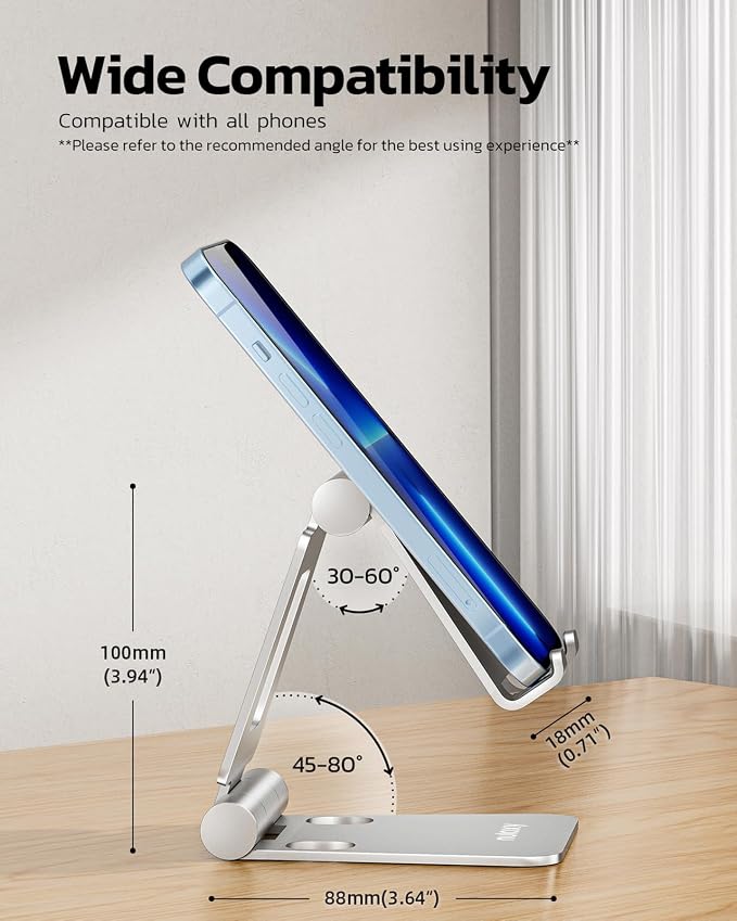 Nulaxy 2 Pack Aluminum Dual Folding Cell Phone Stanr for Desk, Silver | Height Angle Adjustable, Portable Phone Holder Fits 18mm Thick Case, Anti-Slip Base, Smartphone Desktop Essential Accessory