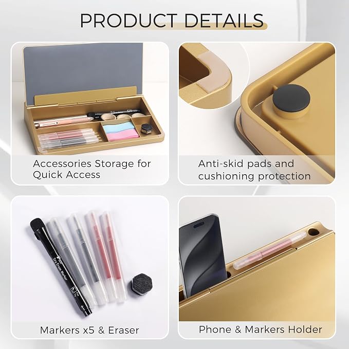 TOWON Compact Glass Desktop Whiteboard with Storage 12x7 in, Metallic Gold | Glossy metallic mirror finish, 5 markers, eraser and holder included, dry erase surface for the office or home desk