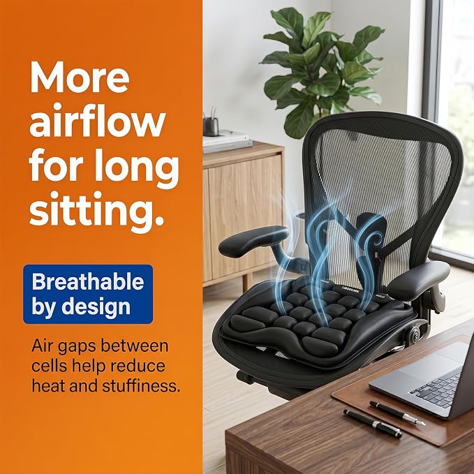 Office Chair Cushion with Adjustable Air-Cell Support, Inflatable Seat Cushion with Built-in Pump for Long Sitting, Desk Chair, Home Office, Computer Chair and Dining Chair