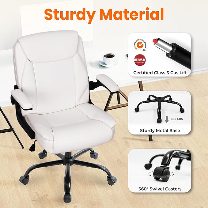 NEO CHAIR Office Desk Computer Chair Ergonomic Executive Mid-Back Leather Gaming Chair with Adjustable Flip-Up Armrests Wheels Swivel for Home Study Task (White)