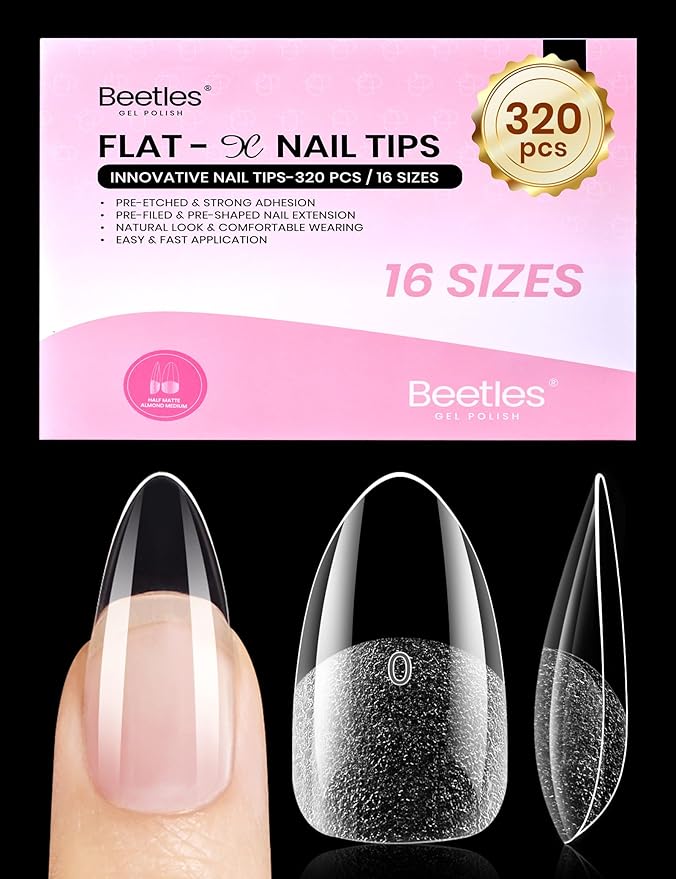 Beetles Medium Almond Nail Tips, 320pcs 16 Sizes(00-14), Pre-Etched Half-Matte Full Cover Soft Gel Nail Tips Flat-X, Clear Press On Fake Nails Acrylic, Easy DIY Nail Extension Salon Gift for Women