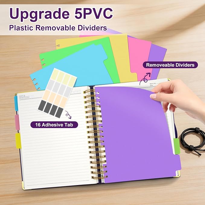 Hardcover Spiral Notebook Journal with Removable Dividers Tabs | 320 Pages, 5 Subject Notebooks College Ruled, 8"x10" Large B5 Leather for Work & School, Lined Journal for Women