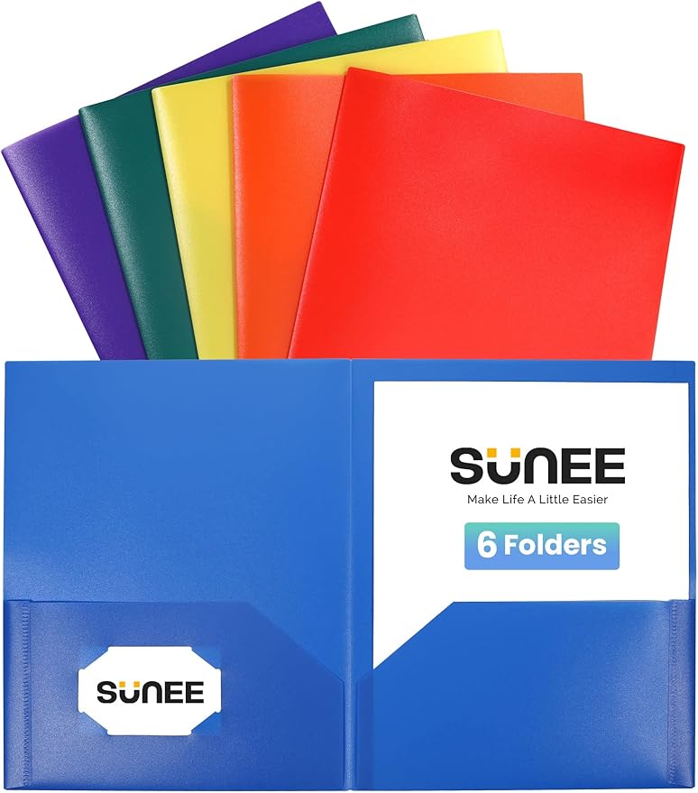 SUNEE Folders with Pockets (6 Pack, Assorted Colors), Plastic Folders with Pocket, Poly Folder for Documents Letter Size, 2 Pocket Folder for Kids, Home, School, Office