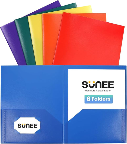 SUNEE Folders with Pockets (6 Pack, Assorted Colors), Plastic Folders with Pocket, Poly Folder for Documents Letter Size, 2 Pocket Folder for Kids, Home, School, Office
