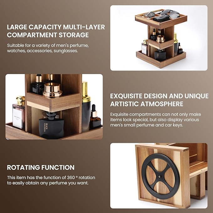 EXIN DECHEN Cologne Organizer for Men,Cologne Stand,3 Tier Wooden Perfume Shelf with Rotate,Desk Organizer,Gift for Dad From Wife,Husband Boyfriend Birthday Gift Ideas,Gifts for Men