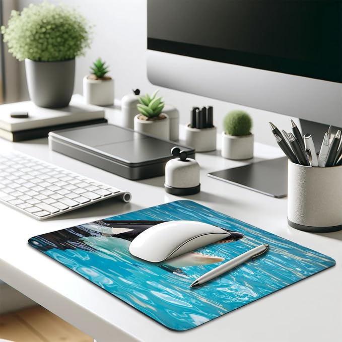 Orca Killer Whale Mouse Pad, Bright Blue Ocean Water Cute Desk Mat | Marine Wildlife Stitched Mousepad, Anti-Slip Base Smooth Surface, 9.5 x 7.9 Inches