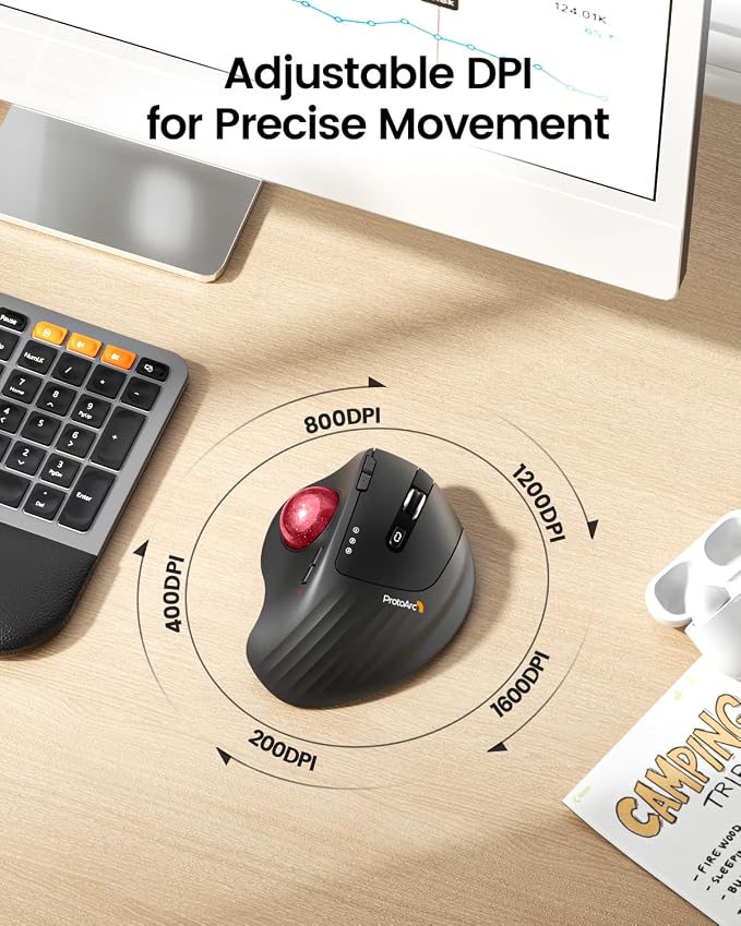 ProtoArc EM01 NL Wireless Trackball Mouse, Rechargeable Thumb Control, Red | 0/20° Adjustable Angle to Reduce Fatigue, Triple-Device Bluetooth & 2.4G USB-A for Office Use, Silent Click, Easy to Clean