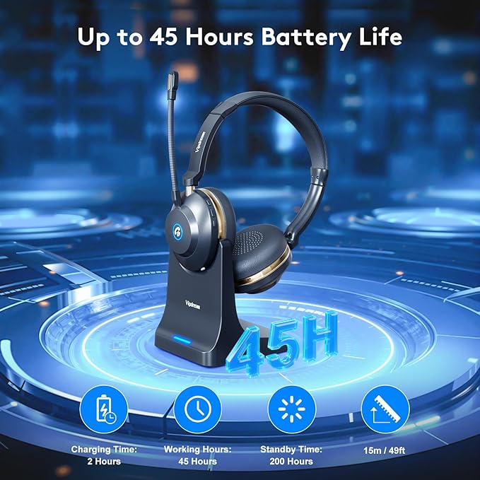 Wireless Headset with Mic for Work,6.0 Bluetooth Headset with Microphone,45 Hours Worktime & Mute Button,Headset with Mic for Pc,iPhone,Computer,Remote Work,Office,Home,Zoom,Skype