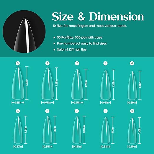 Beetles Gel Nail Tips Clear, Stiletto Medium, 500Pcs 10 Sizes, Pre-Shaped Full Cover Soft Acrylic False Press On Nail Tips Stiletto Shape Easy DIY Fall Nail Extension Salon Gift for Women
