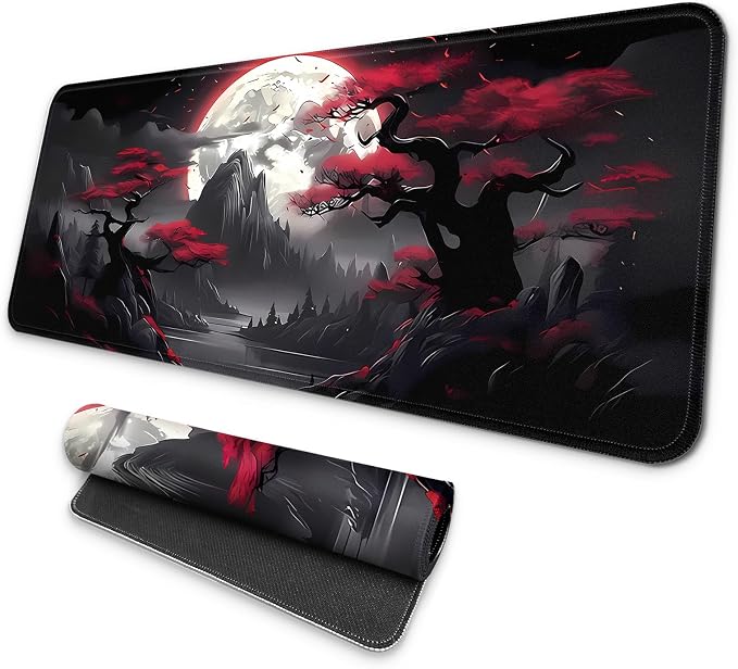 MAY FLOWER Large Gaming Mouse Pad, Full Keyboard Mat, Long Laptop Mousepad, Computer Mouse Mat for Home and Office, Anti-Slip Rubber Base, 31.5 x 11.8 Inches (Dark Red Moon)