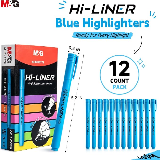 M&G Liner Highlighters, 12-Count Pack Blue Highlighters, Chisel Tip No Bleed Highlighter Pens for Office Documents, Planning, and Everyday Organization