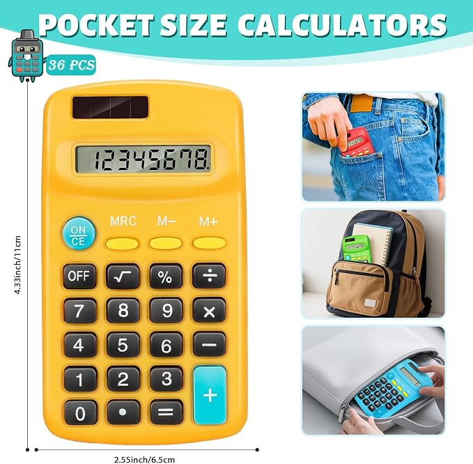 36 PCS Basic Calculators, Pocket-Size Mini with 8 Digit Display, Solar/Battery Dual Power - Bulk for Students, Classroom, Junior High, School, Home & Office (6 Colors)