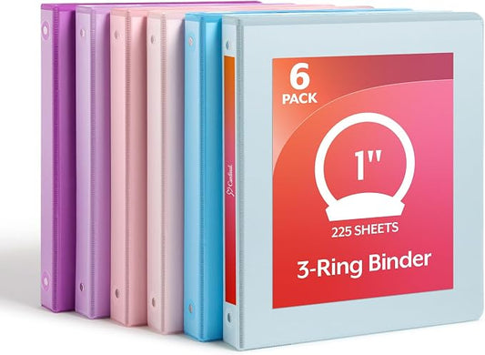 Cardinal 1 Inch 3 Ring Binders, 6 Pack, Assorted Pastels, Holds 225 Sheets | Round rings, clear view covers for custom inserts, and 2 inside pockets. PVC free, non stick. Stock up pack.