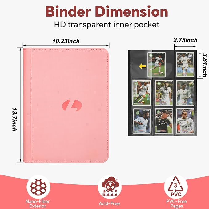 Trading Card Binder, Premium 9-Pocket Double Sided 540 Pocket PU Card Collection Binder, Collectible Trading Card Albums for MTG, TCG, Sports Cards (Pink)