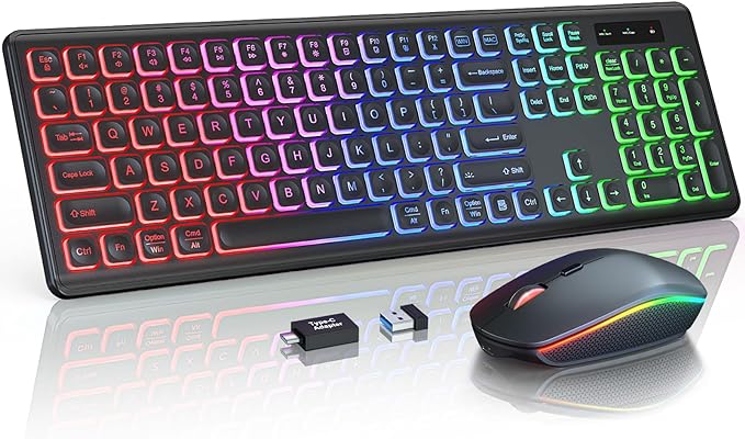 Wireless Keyboard and Mouse Combo with RGB Backlit, Rechargeable | Light Up Letters, Full-Size, Soft Typing, Sleep Mode, 2.4GHz Quiet Keyboard Set for Mac, Windows, Laptop, PC, Trueque KM42Pro