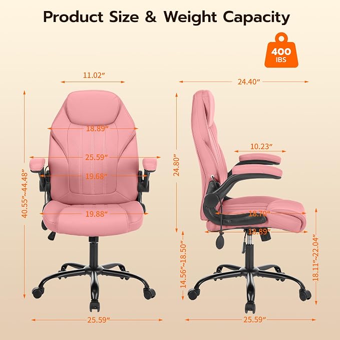 Ylzyxal Office Desk Chair, Ergonomic Computer Chair with Padded Flip-Up Arms and Adjustable Lumbar Support, PU Leather Executive Chair with Tilt Lock and 360° Swivel Rolling Wheels for Work, Study