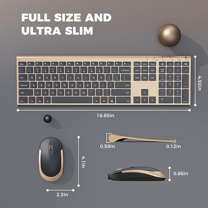 Vssoplor Wireless Keyboard and Mouse, Rechargeable Ultra Slim, Black Gold | Quiet Full-Size Keyboard and Mouse Combo Set, for Laptop, PC, Notebook, Desktop, 2.4GHz Stable Connection, Ideal for Office