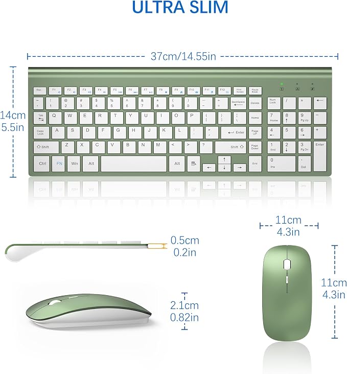 Wireless Keyboard and Mouse Ultra Slim Combo, TopMate - Green White | 2.4G Silent Compact 2400DPI Mouse and Scissor Switch Keyboard Set with Cover, Batteries Included, for PC/Laptop/Windows/Mac