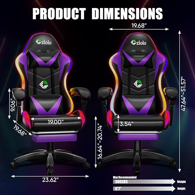 Gaming Chair, RGB LED Lights Computer Chair with Footrest, Lumbar Support Massager Gamer Chair, High Back, 90-135° Reclining, Linkage Armrests, Purple