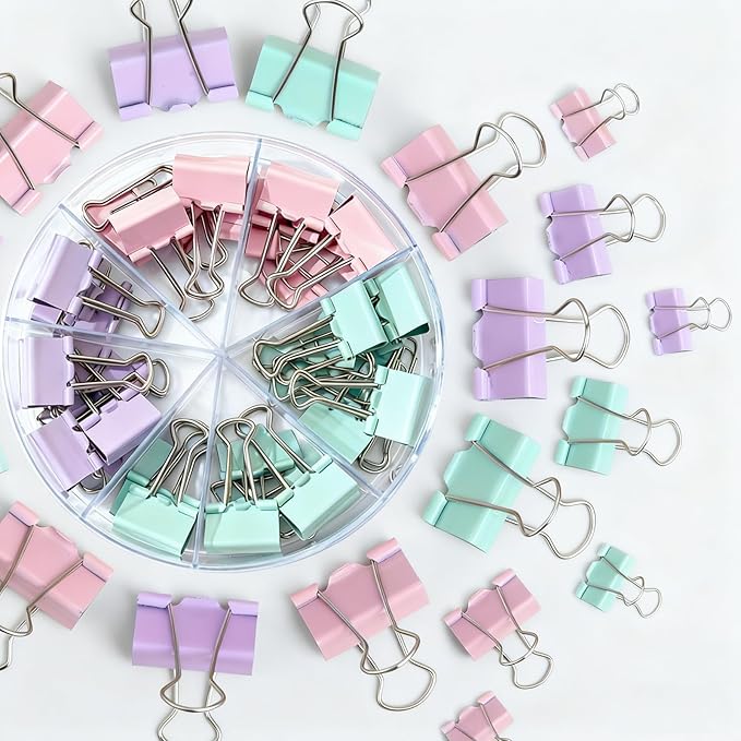 Binder Clips Assorted Sizes, Durable Metal Binder Clips for Office, Cute Desk Supplies for Teachers Student (60, Morandi)