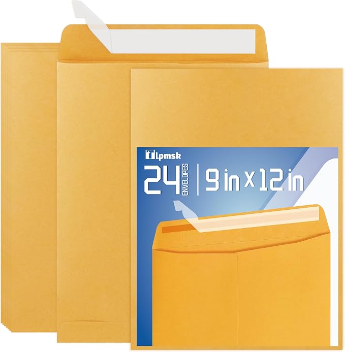 9x12 Catalog Mailing Envelopes - 24 Count, Self Seal Stay Flat Brown Kraft Envelopes, Heavy Duty Shipping Mailers for Documents, Photos & Letters, Peel & Seal Closure