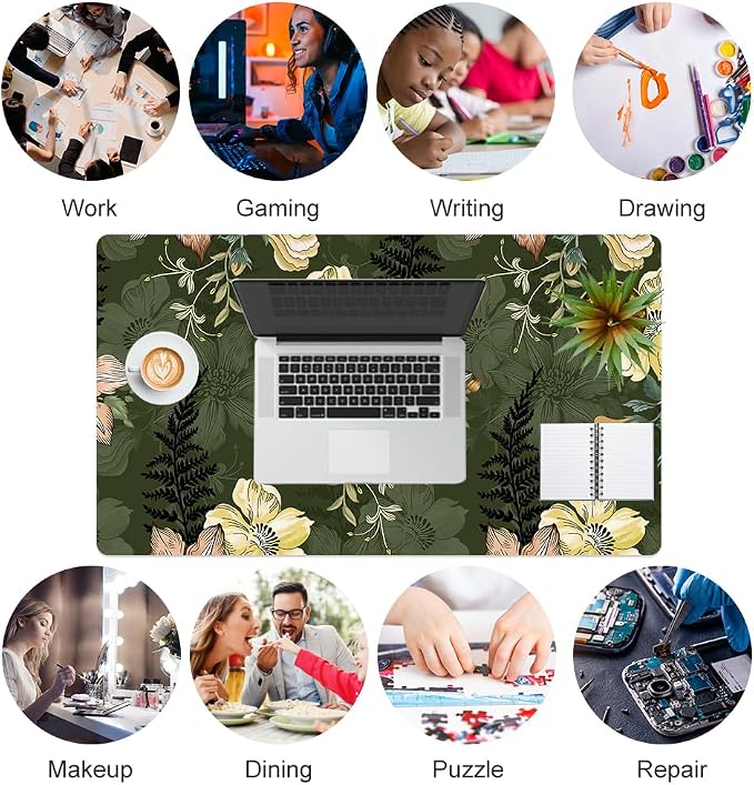 Colorful Star Large Mouse Pad, PU Leather Waterproof Desk Mat, Computer Gaming Mouse Pad, XXL Table Mousepad Non Slip Full Desk Pad for School Office Home 23.6" x 13.8" - Vintage Bold Flowers