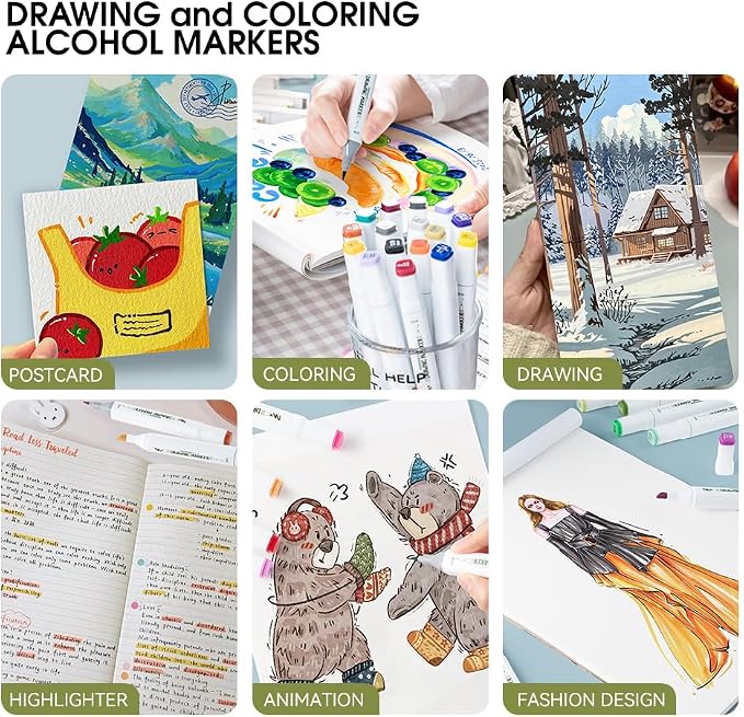 TRANSON Alcohol Markers for Drawing Coloring 48 Colors Dual-tip Chisel and Brush Tips