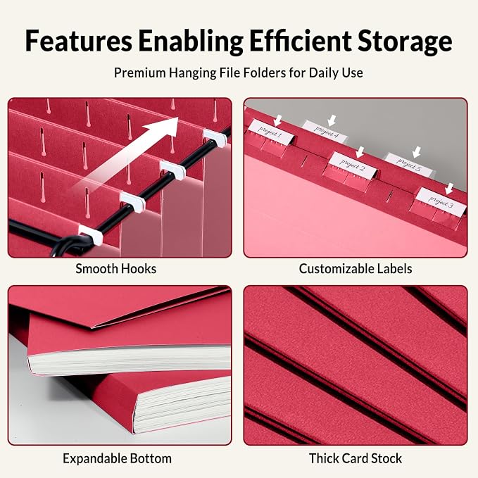 SUNEE Hanging File Folders, 25 Pack Letter Size Hanging File Folders with 1/5-Cut Tabs, Ideal for Home and Office Organization and Papers Classification,Red