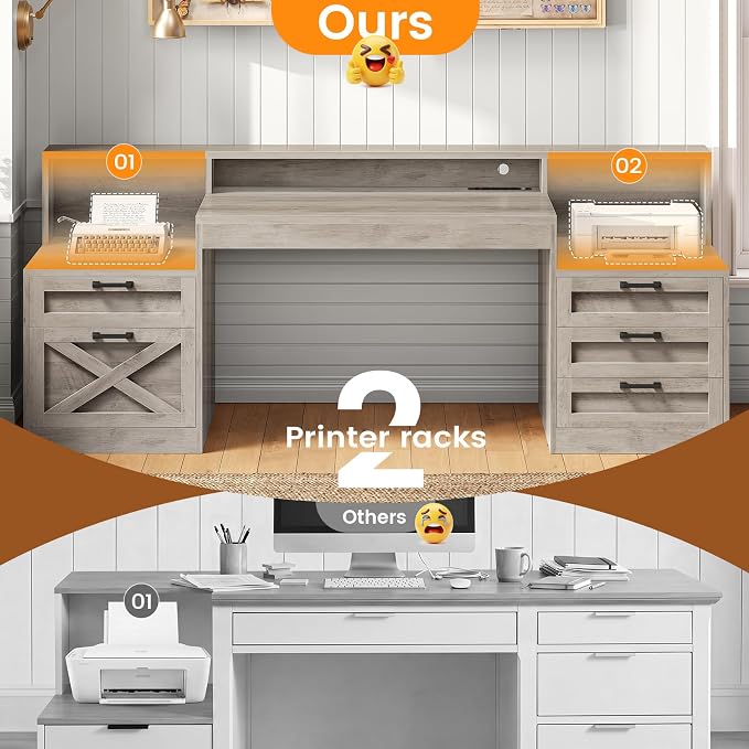 SEDETA 63" Executive Office Desk with 5 Drawers, Grey | Farmhouse Computer Desk with LED Lights & Monitor Stand, Wood Home Office Desk with 2 Printer Stand & Power Outlet
