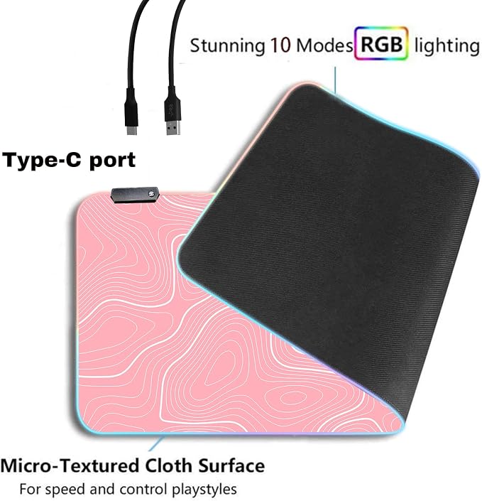 Pink RGB Mouse Pad LED Desk Mat Large Gaming Mousepad Pink and White Line Design, Keyboard Pad XL Mouse Mat for Home and Office