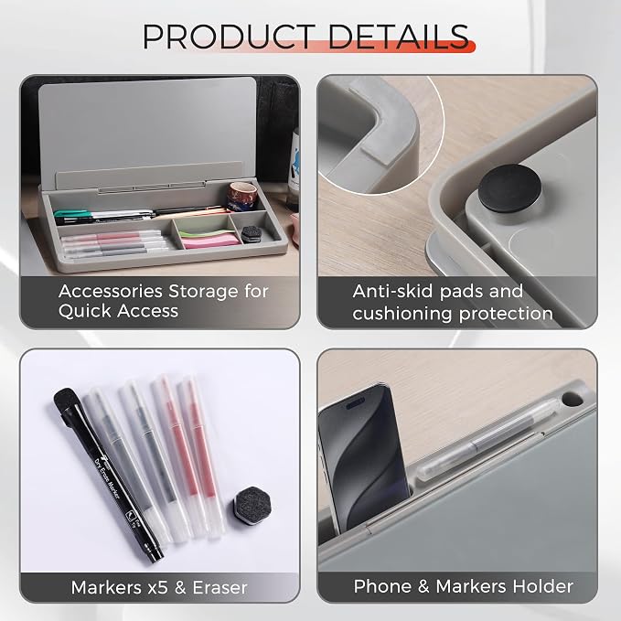 TOWON Compact Glass Desktop Whiteboard with Storage 12x7 in, Gray | Dry erase writing surface, 5 markers, eraser and holder included, for the office, home or school desk