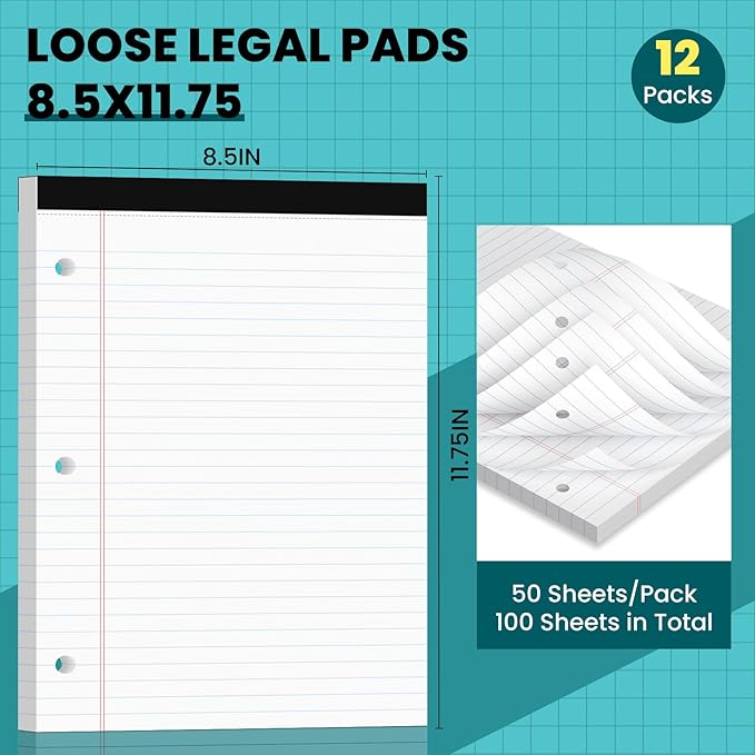 Legal Pads 8.5x11, 50 Sheets/Pack,12 Pack,3-Hole Punch & Perforated Writing Pads, Wide Ruled White Lined Paper, Notebook 8.5x11.75, Notepads 8.5x11 for Business, School and Office Supplies