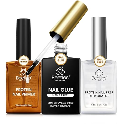 Beetles 3Pcs 15ml HEMA-Free Nail Prep & Glue Set, Professional Protein Nail Prep Acid-Free Dehydrate Bond Primer, TPO Free 9 in 1 Glue Gel for Nail Tips Clear Press On Nails Extension