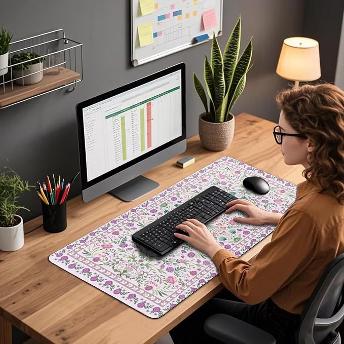 Purple Floral Desk Mat Large Mouse Pad 31.5"x15.7" Anti-Slip | Extended Mousepad, Non-Slip Rubber Base , Stitched Edges, for Computer/Laptop/Office/Home