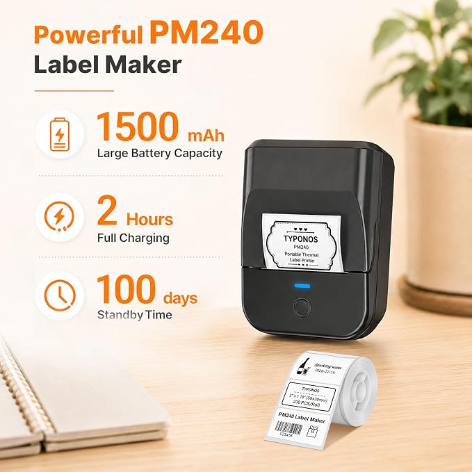 PM240 Label Maker Machine with Tape, Label Printer Black, Set 1 | 2'' Bluetooth Thermal Sticker Label Maker for Small Business, School Supplies, Classroom, Home Office with Multiple Templates