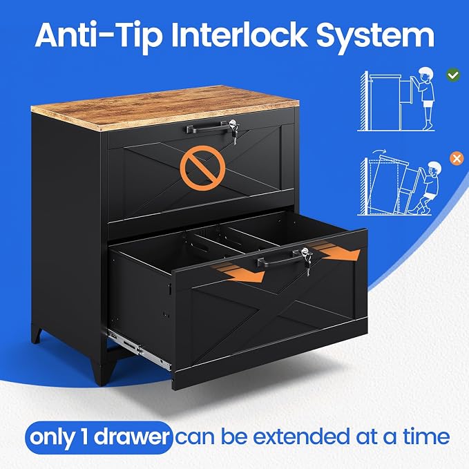 MIIIKO 2 Drawer Lateral File Cabinet with Lock,Metal Filing Storage Cabinets for Home Office,Files Folders Letter/Legal/A4 Size