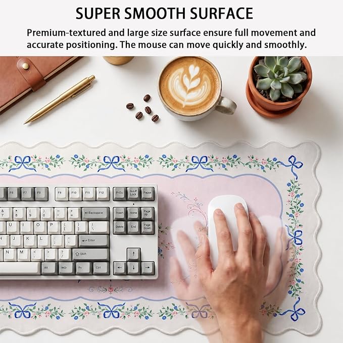 Shabby Chic Scalloped Desk Mat Pastel Blue Bow Pink Rose Floral Extended Gaming Mouse Pad Mat with Stitched Edge Non-Slip Base Big Mouse Pad Office Computer Keyboard Laptop Home 31.5"x15.7"