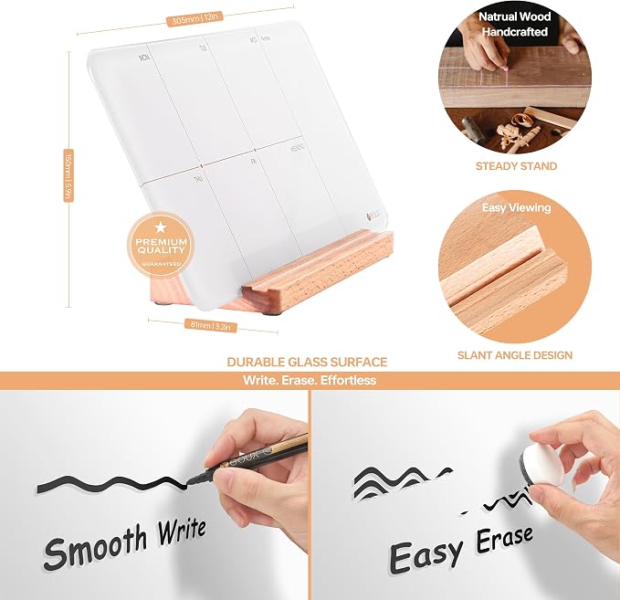 Desktop Glass Weekly Planner Whiteboard with Detachable Wood Stand,Small Portable Dry Erase Calendar to Do List White Board 12x6" for Office, Home, Schools, Marker&Eraser Included, Yeoux