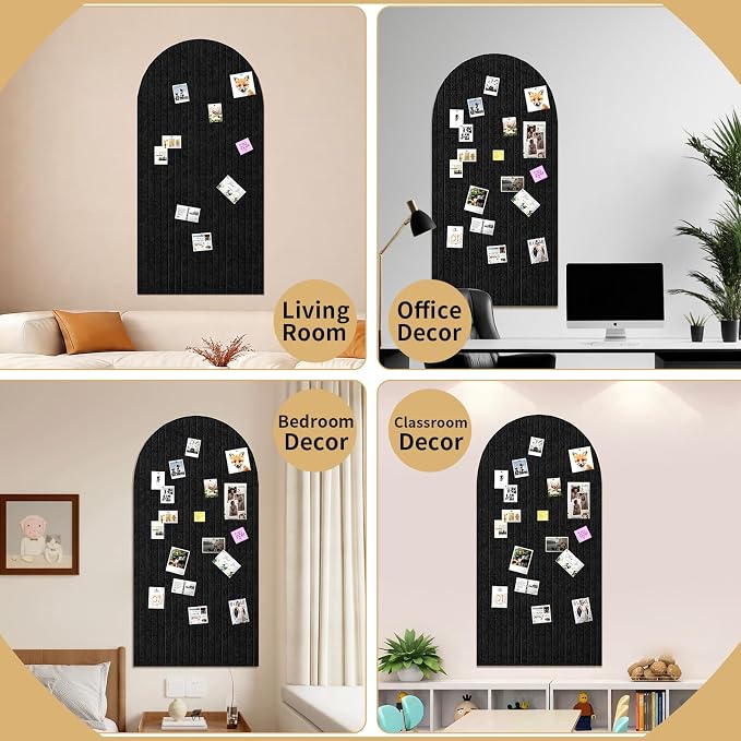 Large Arched Felt Bulletin Board, 48"x24", Black | Cork Board Alternative, 3 Foldable Adhesive Tiles, 50 Push Pins, Office Wall Decor, Pin Boards for Pictures & Photos Display
