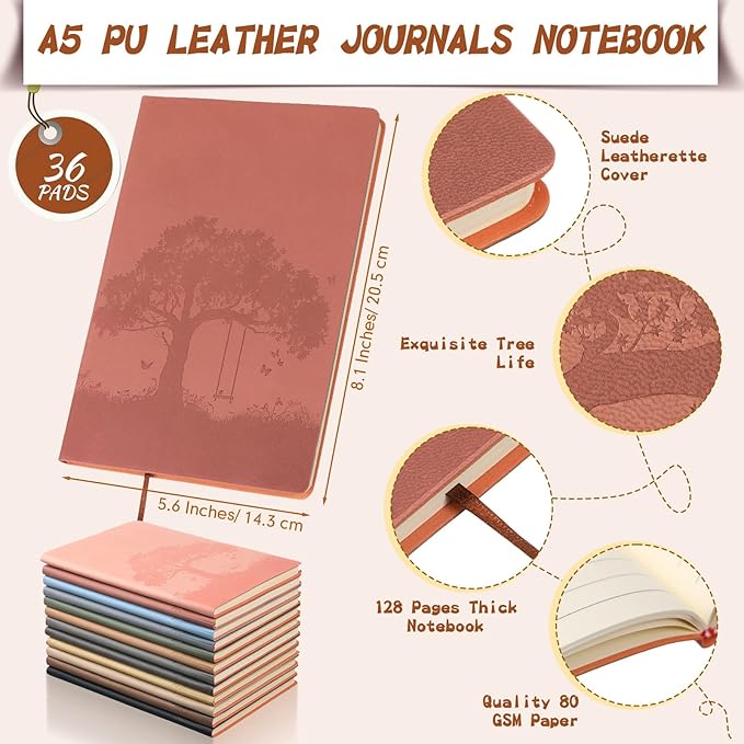 TaoBary 36 Pcs Employee Appreciation Gift A5 PU Leather Journals Bulk Colorful Tree Lined Journal Notebook Soft PU Leather Cover Ruled Writing Notebook for Office School Teacher Nurse (Mixed Colors)