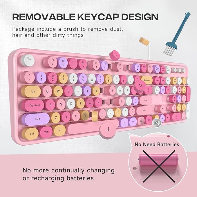 Computer Keyboard Wired, Plug and Play USB Retro Round Typewriter Keyboard, Full Size Wired Keyboard with Foldable Stands for Laptop and Office PC