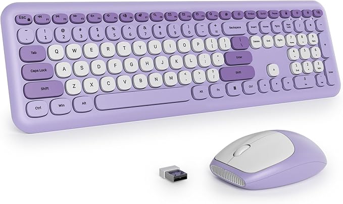 surmen Purple Keyboard and Mouse Wireless, Cute Wireless Typewriter, Full Size Slim Silent Round Keys Aesthetic Keyboard for Home and Office(Colorful Purple)