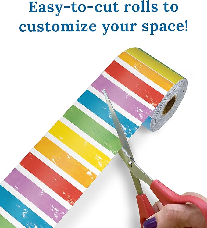 Carson Dellosa All are Welcome 65Ft of Striped Rainbow Bulletin Board Borders, 1 Roll of Colorful Trim for Rolling Whiteboard, Cork and Posterboard, Party Decorations, and Classroom Decor