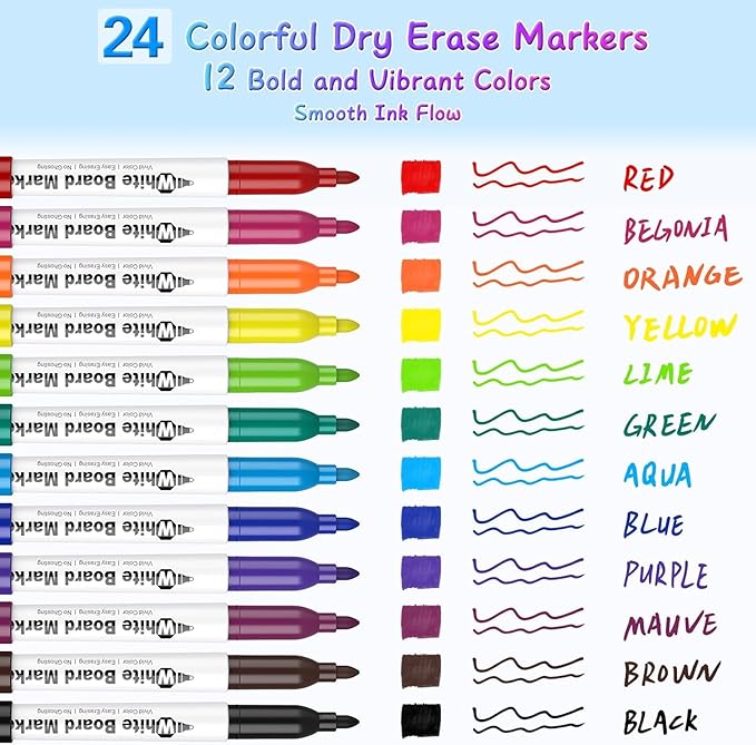 SFAIH Fine Tip Dry Erase Markers - 24 Pack 12 Assorted Color Whiteboard Erasable Markers Bulk, Ideal for Classroom School Office Home Use on White Board, Non-Toxic Easy Clean
