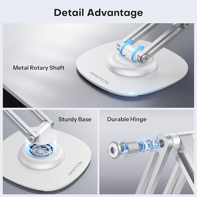 OMOTON MS04 [360° Rotating] Adjustable Magnetic Phone Stand for Desk, White | Foldable Aluminum for MagSafe Cell Phone Stand Holder with Non-Slip Base, for iPhone 17/16/15/14 Pro Max Air/MagSafe Case