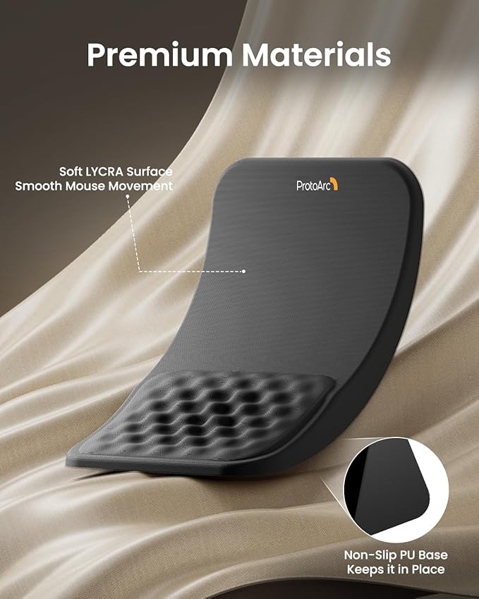 ProtoArc MP50 Ergonomic Mouse Pad with Wrist Support, Lycra Surface, Black | 8° slope & massage points, soft memory foam, Large 12x8 Inches, Non-slip base. Relieves wrist strain for office & home