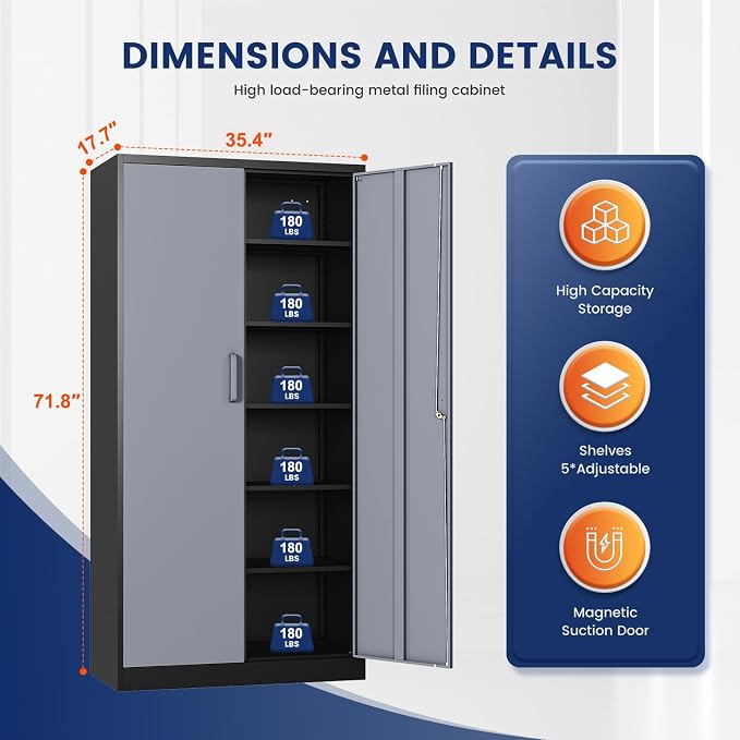 Metal Storage Cabinet with Locking Doors and 5 Adjustable Shelves, 72" Garage Storage Cabinet Steel Lockable for Office,Home,Garage