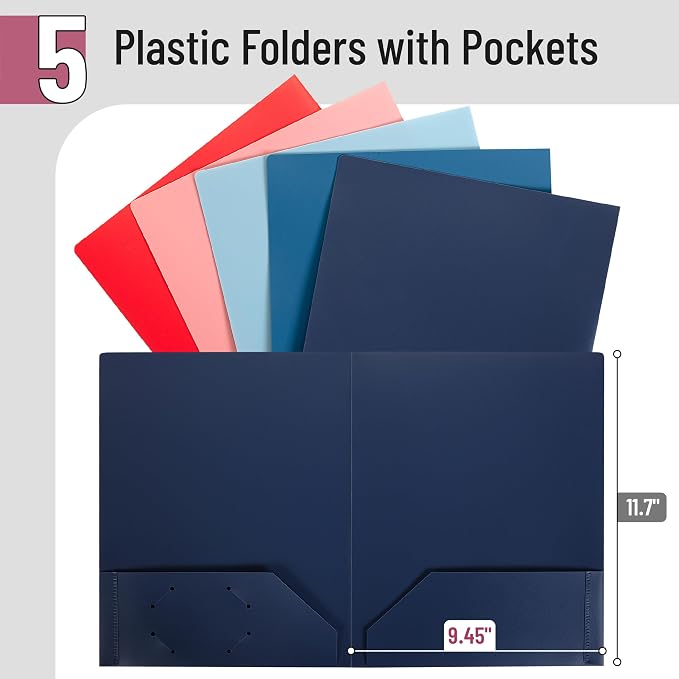 Mr. Pen- Plastic Folders with Pockets, 5 pcs | Aesthetic File Folder with Business Card Slot, 2-Pocket Folder, Back to School, Office, Filing Supplies